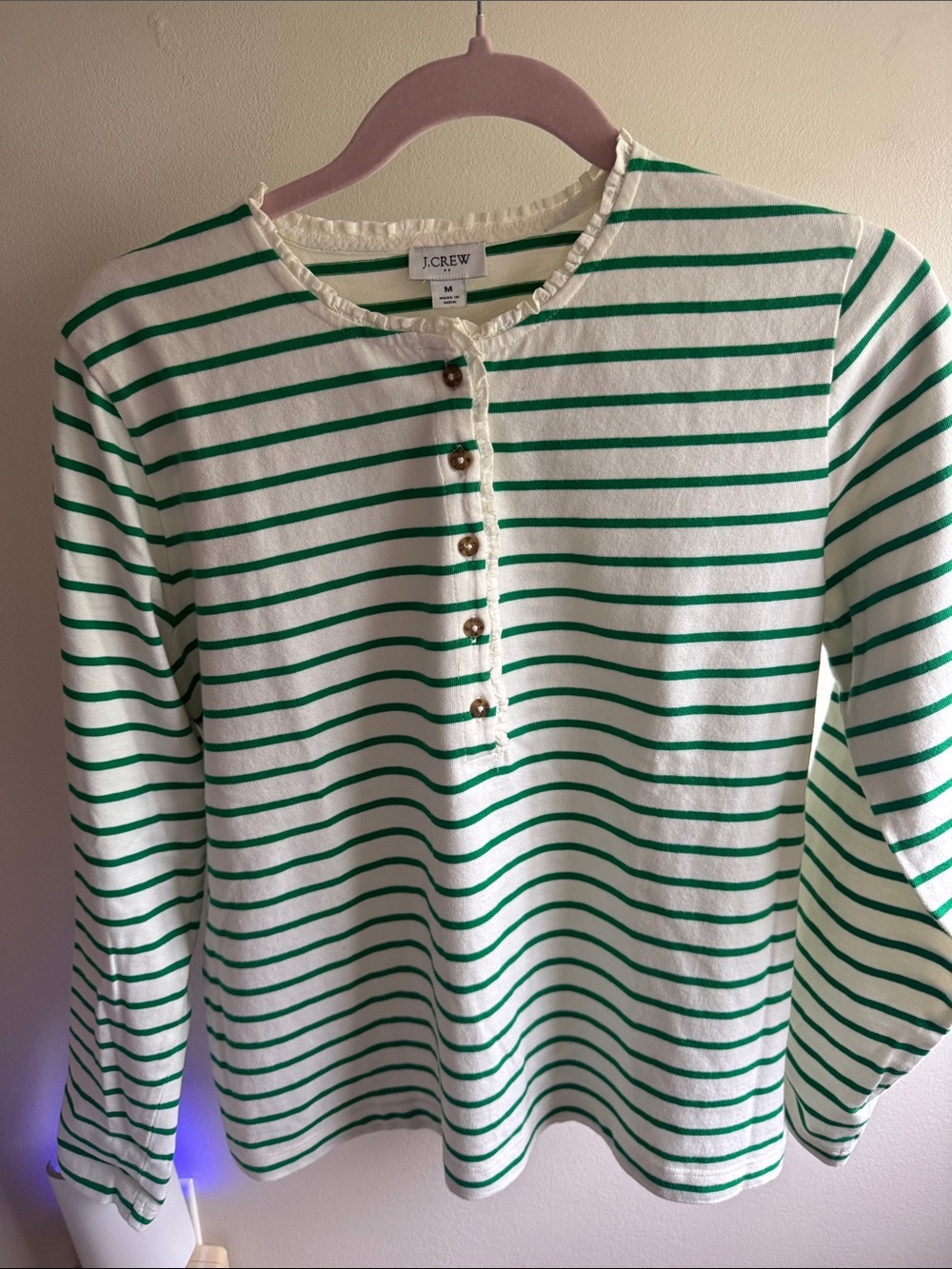 J. Crew White and Green Striped Long Sleeve Henley, size M